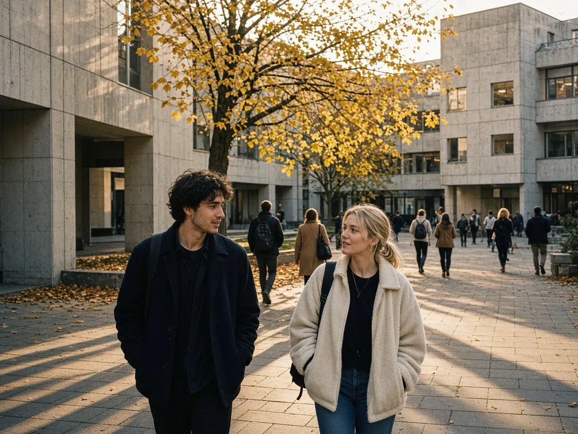 Two students walking through the courtyard in autumn